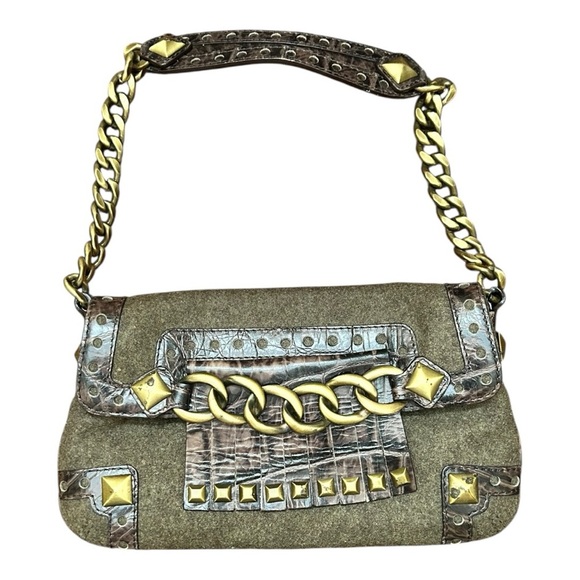 VTG MICHAEL KORS Studs Chains Leather Fringe Army Green Wool Shoulder Bag EC - Picture 1 of 8